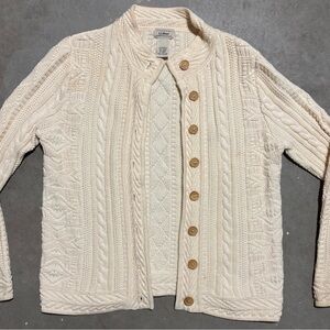 Vintage L.L. Bean Ivory Cotton Cable Knit Cardigan Sweater Wooden Buttons
